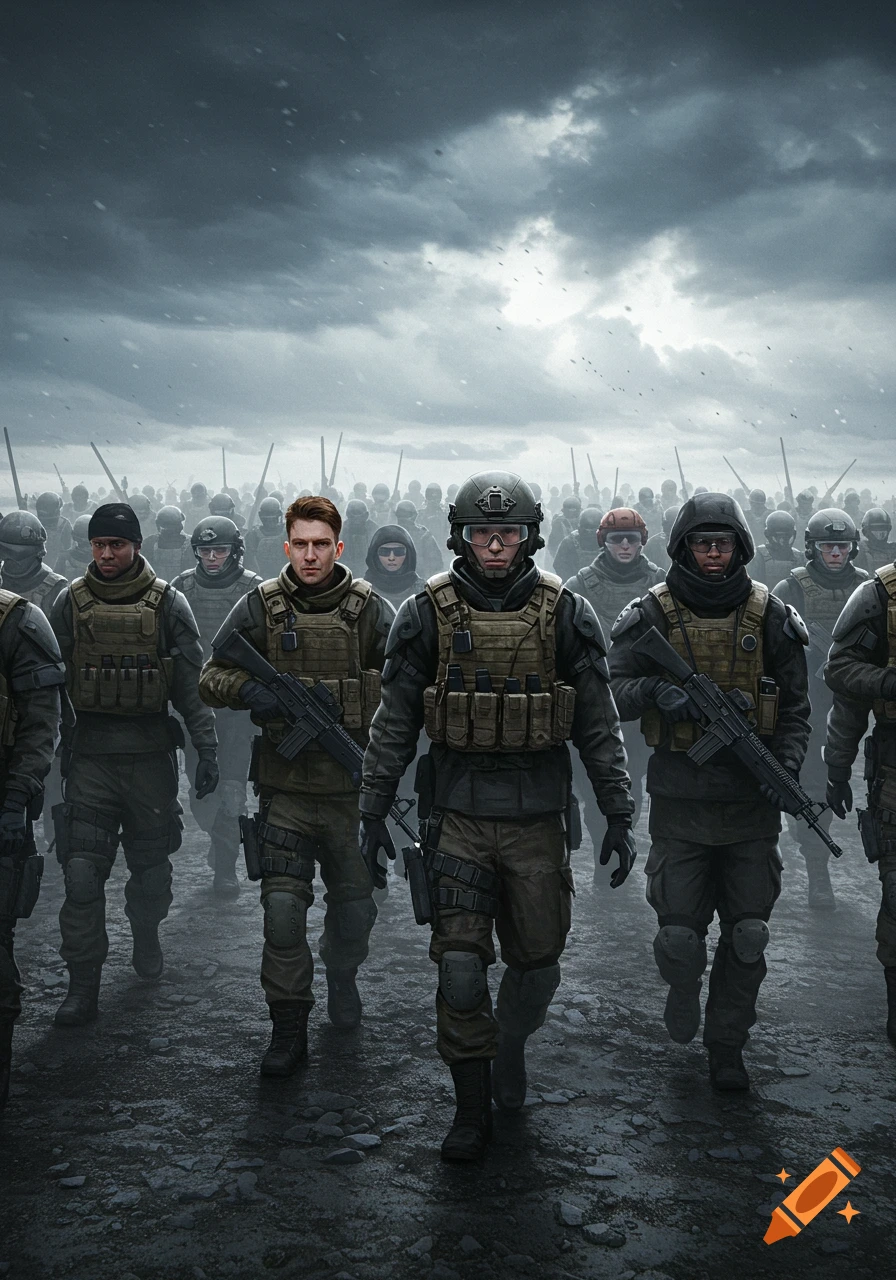 A group of modern soldiers marching under a stormy sky.