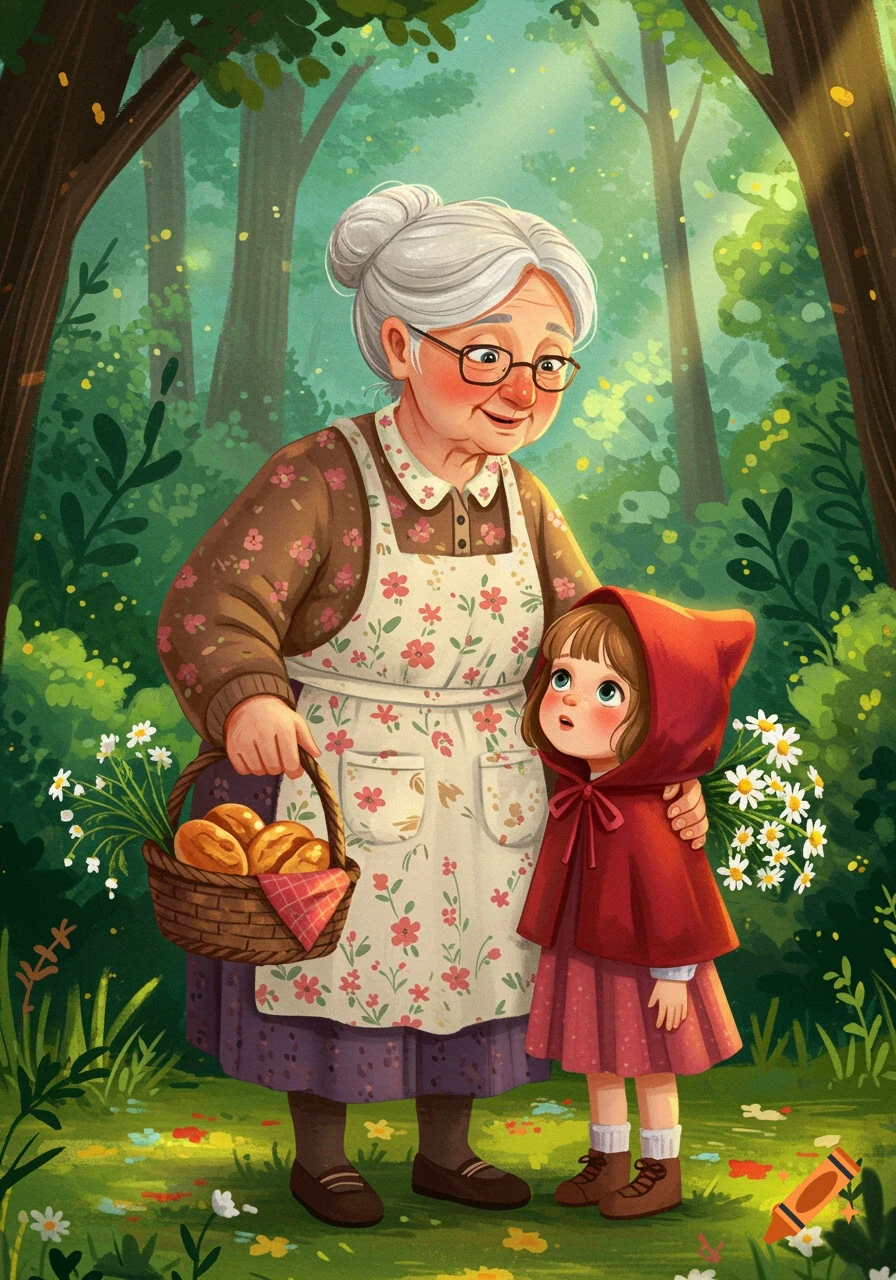 Illustration of a grandmother and Little Red Riding Hood in a sunny forest.