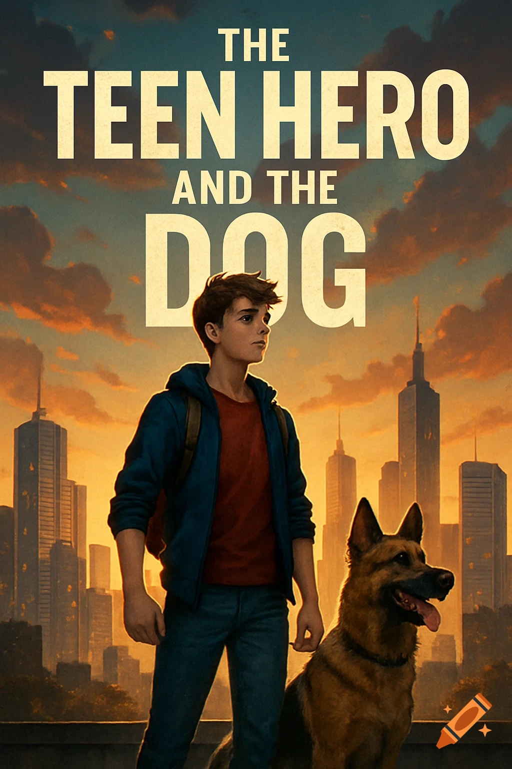 Book cover illustration of a teen boy and a German Shepherd standing in front of a city skyline at sunset, with the title THE TEEN HERO AND THE DOG