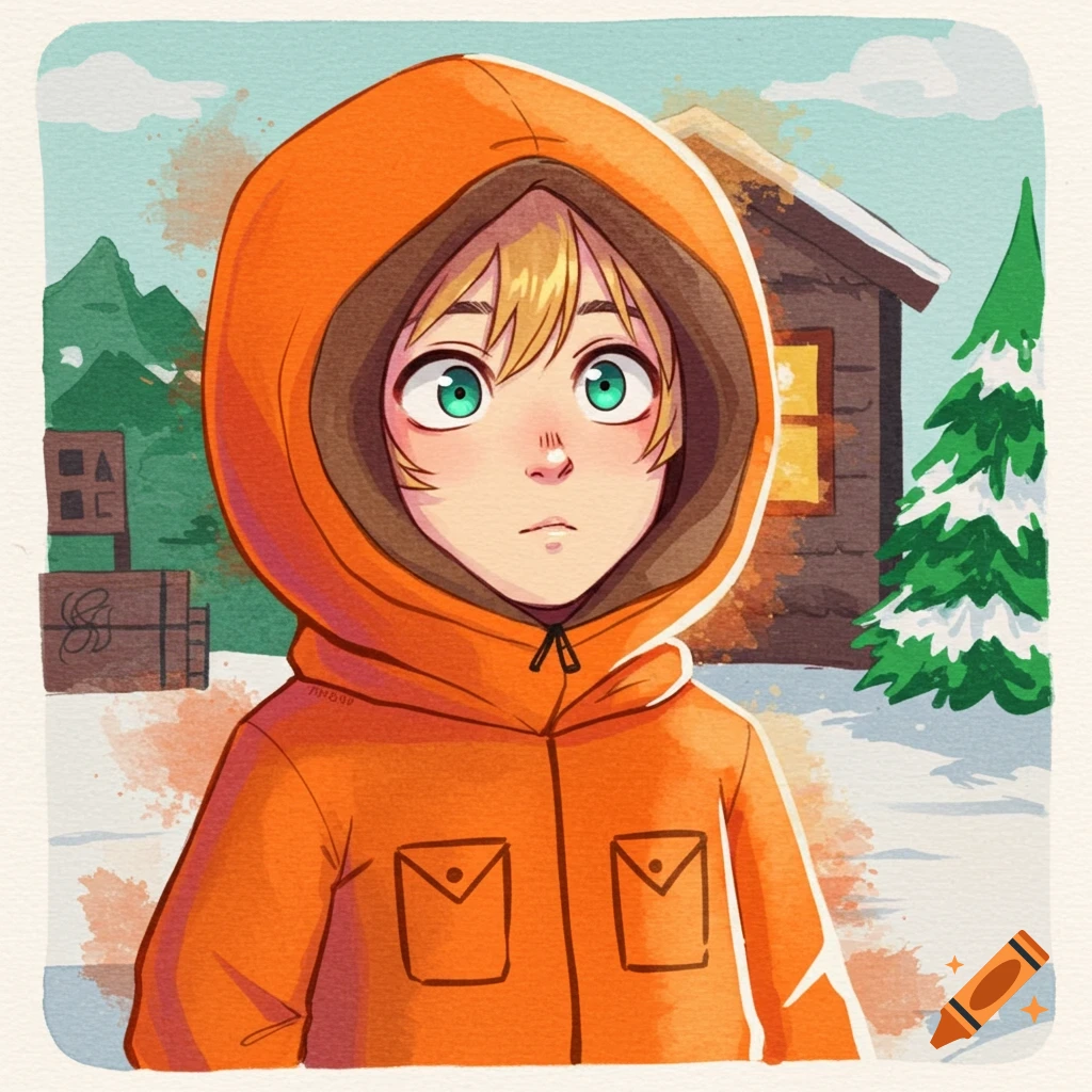 Watercolor illustration in anime style of Kenny McCormick from South Park in an orange hoodie standing in a snowy landscape