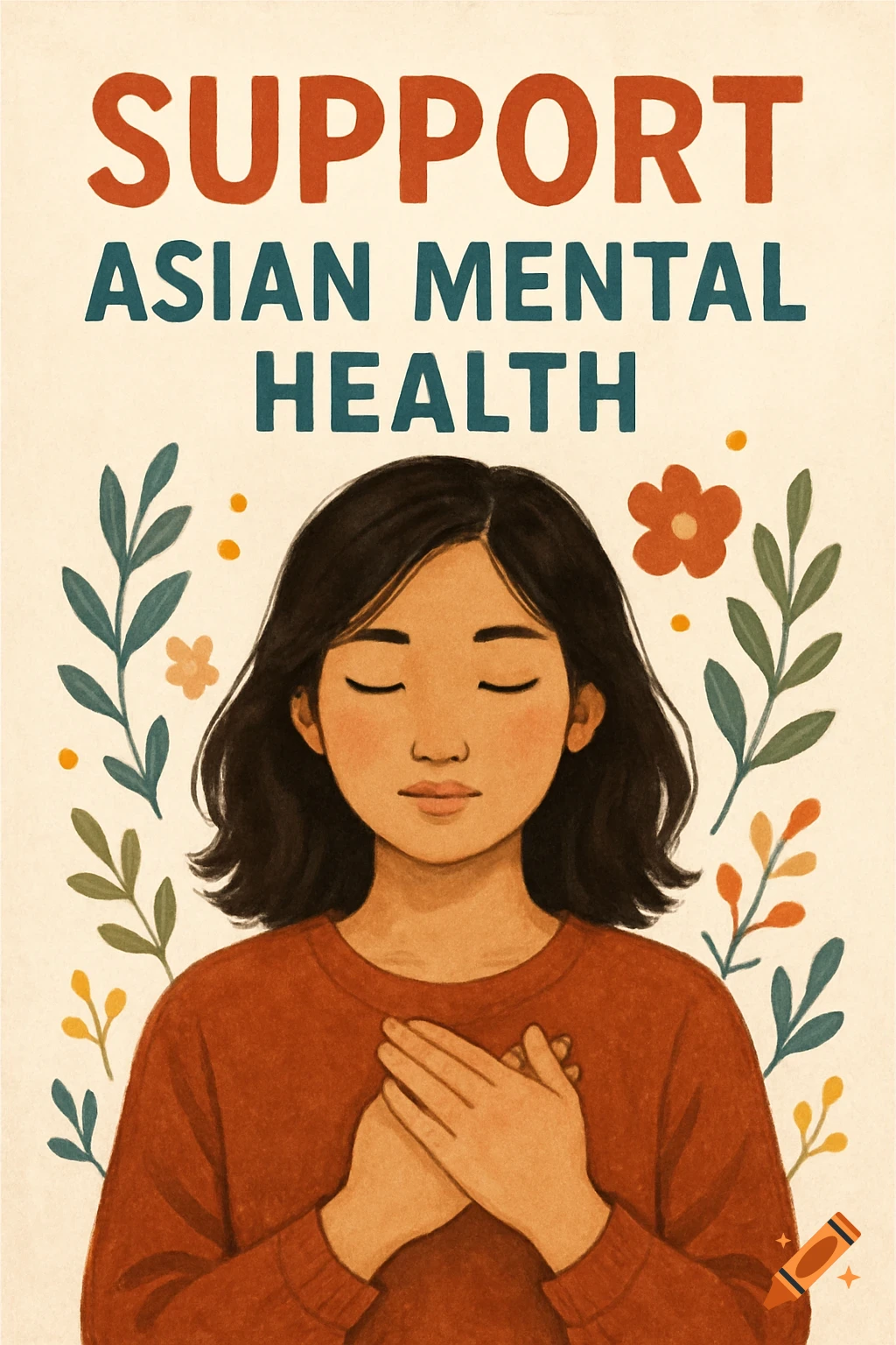 Illustration of a person with eyes closed, hands over their heart. Text says "SUPPORT ASIAN MENTAL HEALTH". Floral elements surround the person.