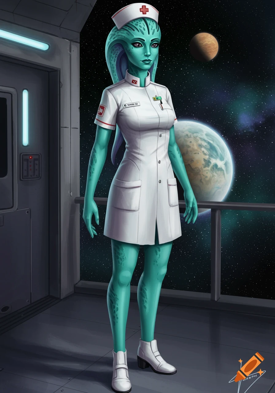 Full body illustration of a teal-skinned alien female nurse in a white uniform standing in a space station overlooking planets.