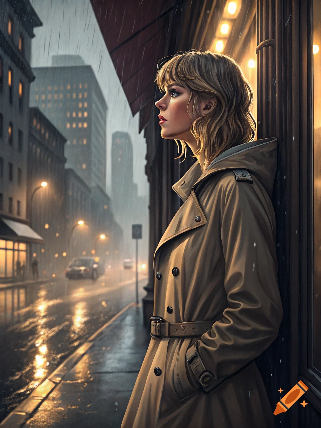 Woman in trench coat looking out at a rainy city street at night