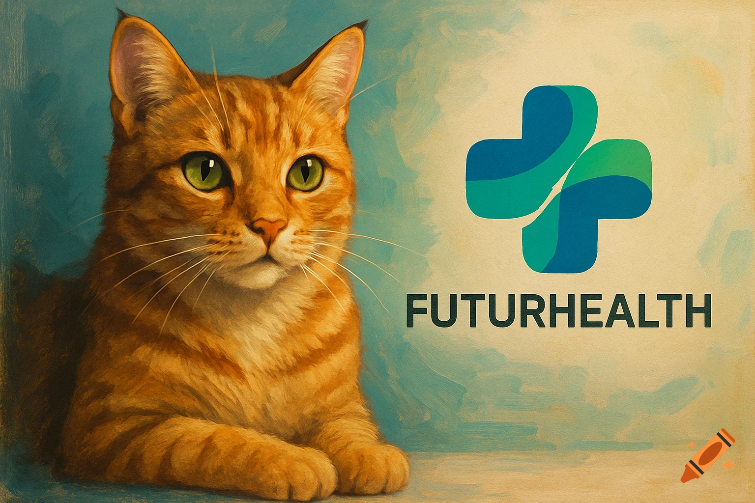 Orange tabby cat next to a blue and green logo with 'FUTURHEALTH' text, painted style.