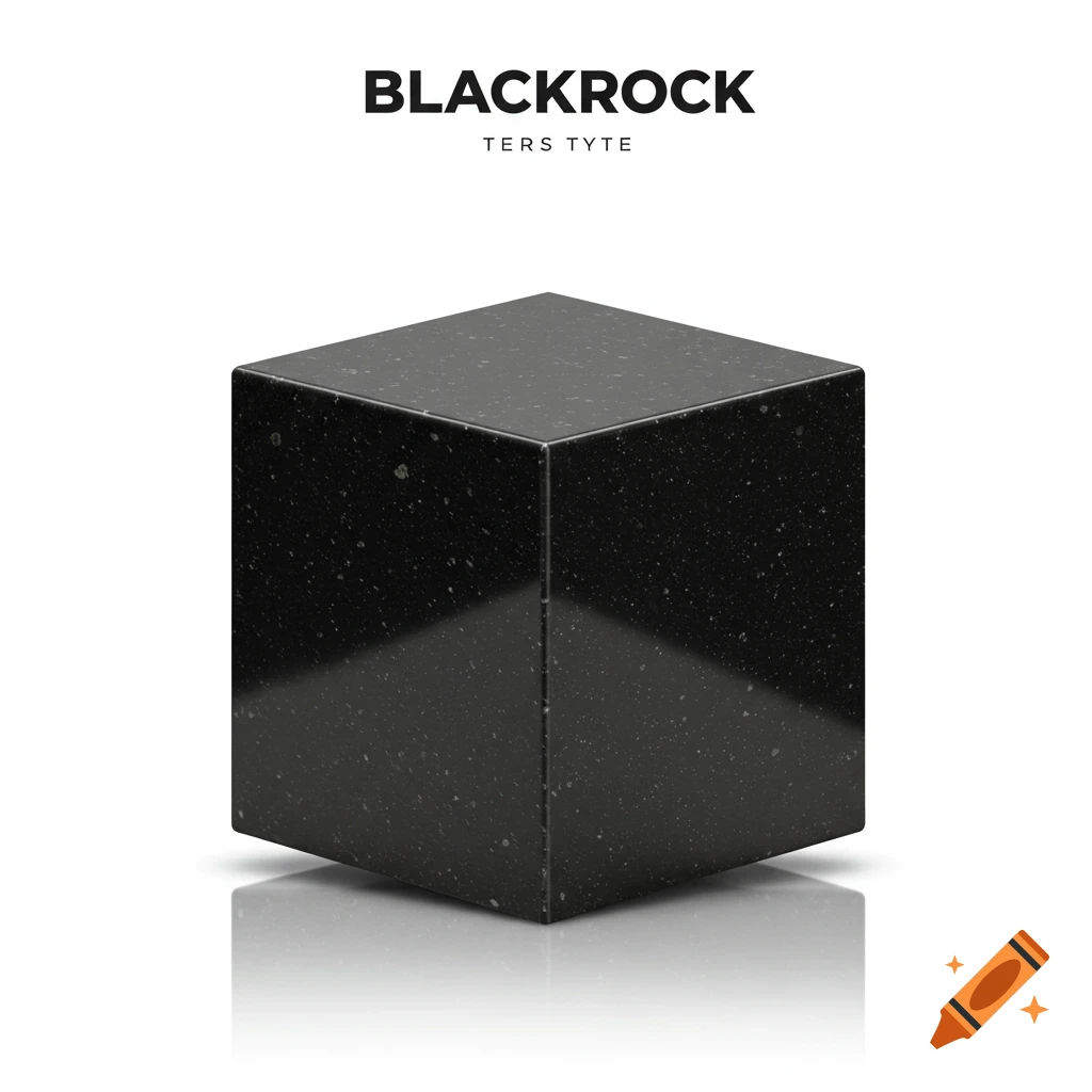 A black polished stone cube with a reflection on a white background. Text above reads 'BLACKROCK'.