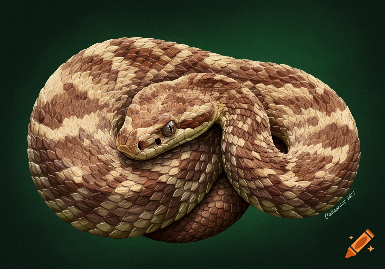 A brown and tan snake coiled up on a dark green background. Illustration.