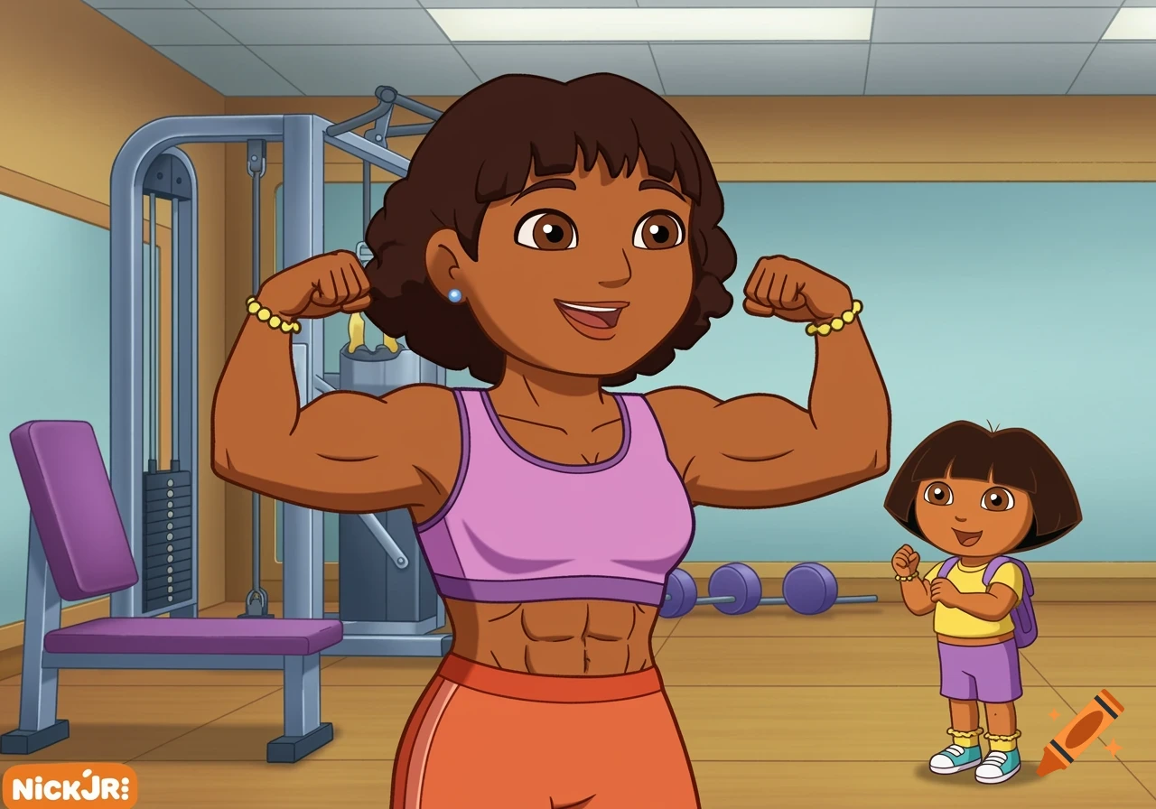 Cartoon of Dora the Explorer's mother flexing her large muscles in a gym while Dora watches.