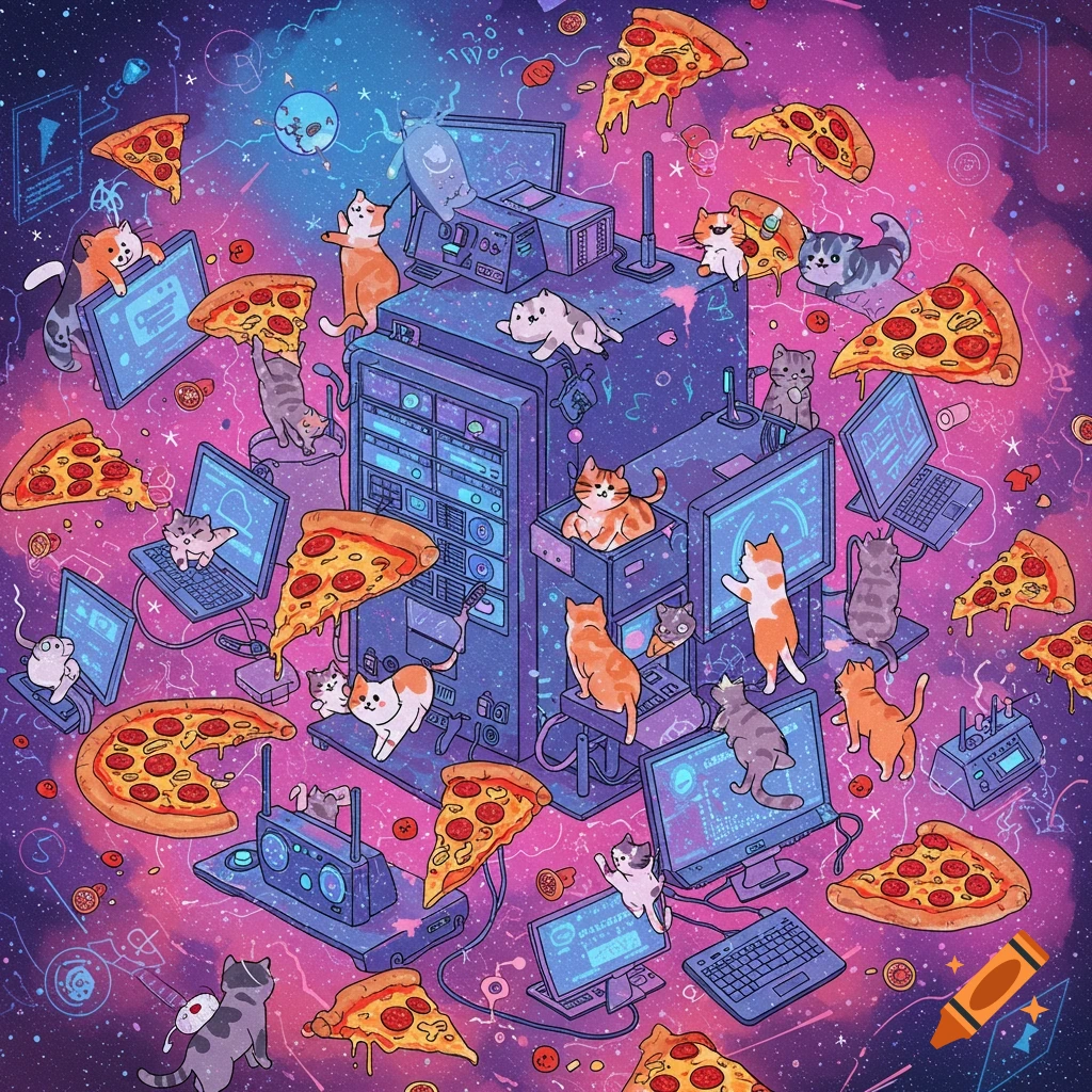 Cartoon illustration of cats and pizza slices floating around computers and server racks in a starry space background.