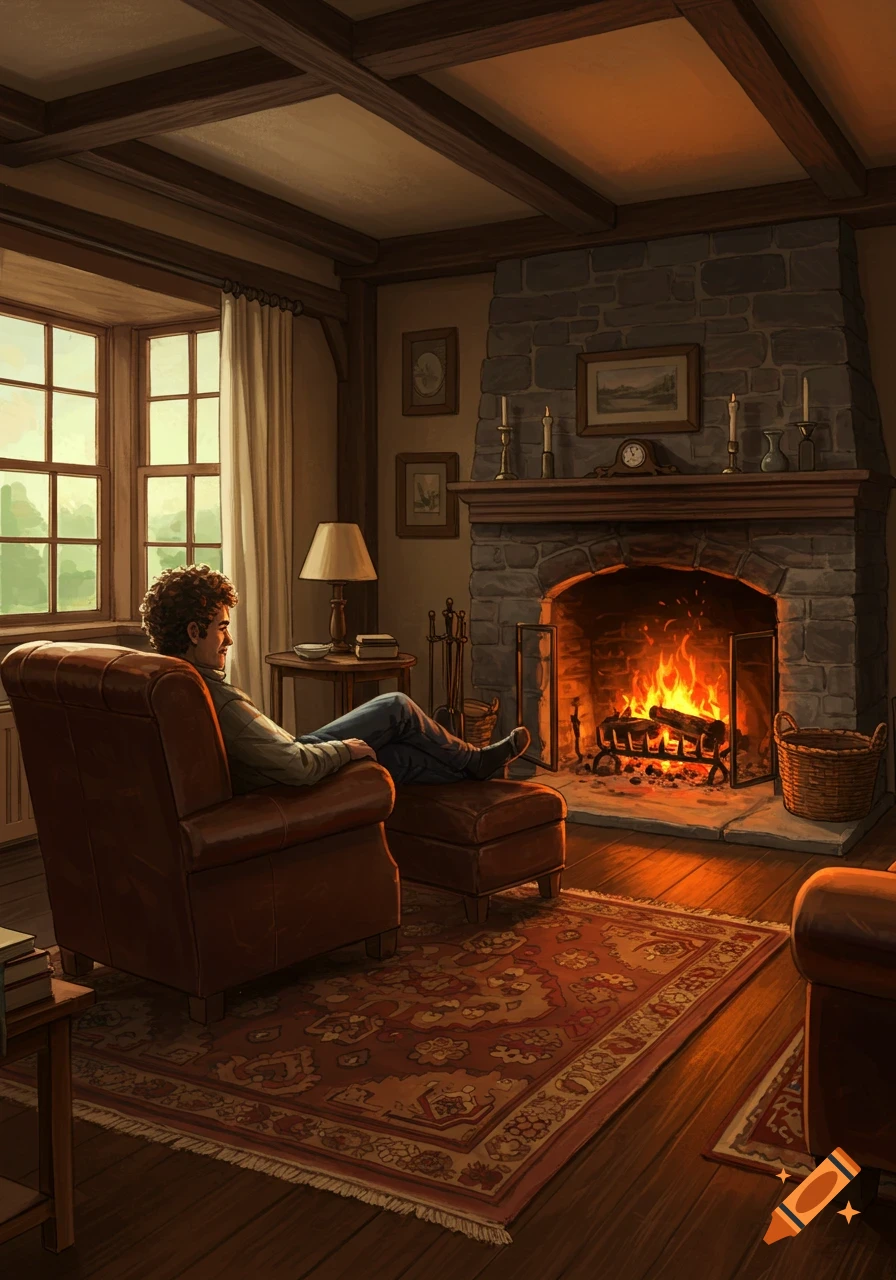 A man relaxes in a leather armchair by a cozy fireplace in a warm, illustrated room.
