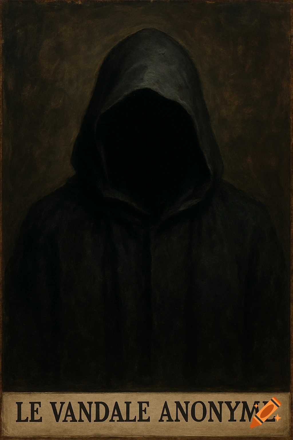 Dark painting of a hooded figure with text reading 'LE VANDALE ANONYME' at the bottom.