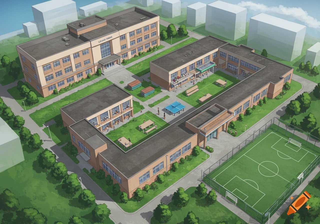 Isometric view of a school campus with buildings, courtyards, and a soccer field.