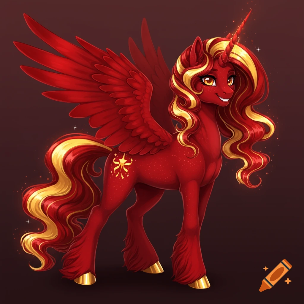 Red alicorn with gold mane, tail, wings, and hooves standing and smiling.