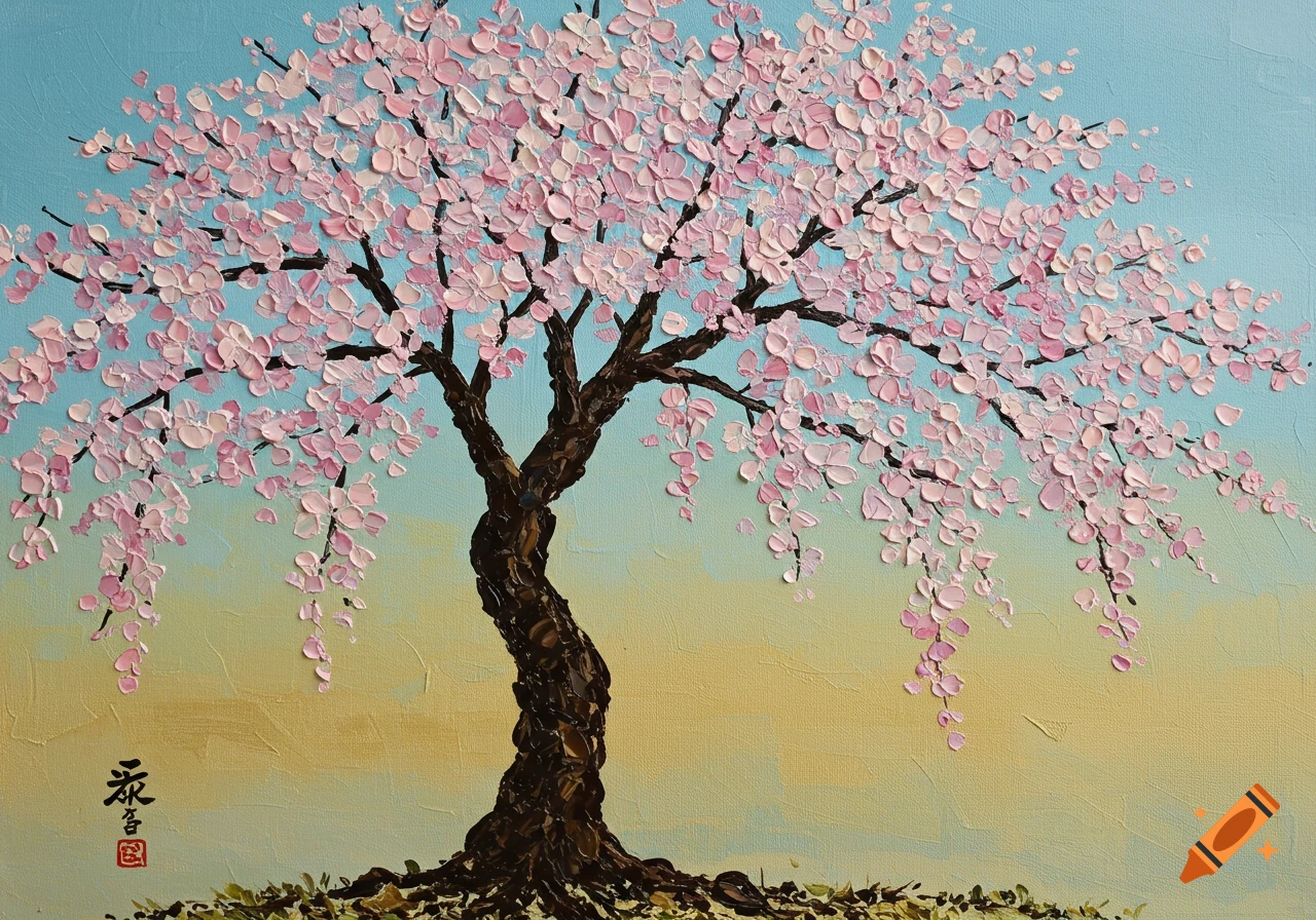 Impasto painting of a cherry blossom tree with pink flowers against a blue and yellow sky.