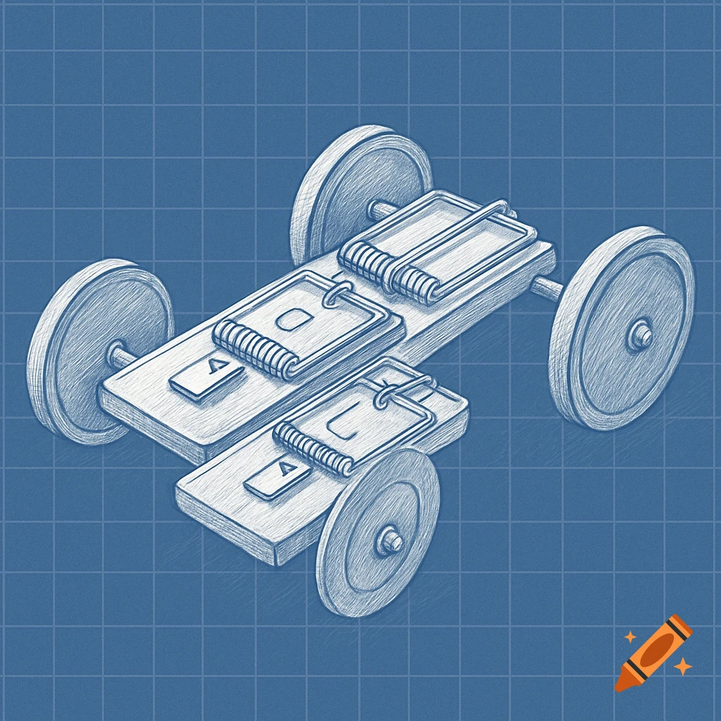 A sketch of a mousetrap car on a blueprint background.