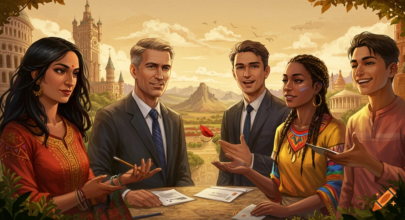 Diverse people discussing with global landmarks and landscapes behind them, illustration.