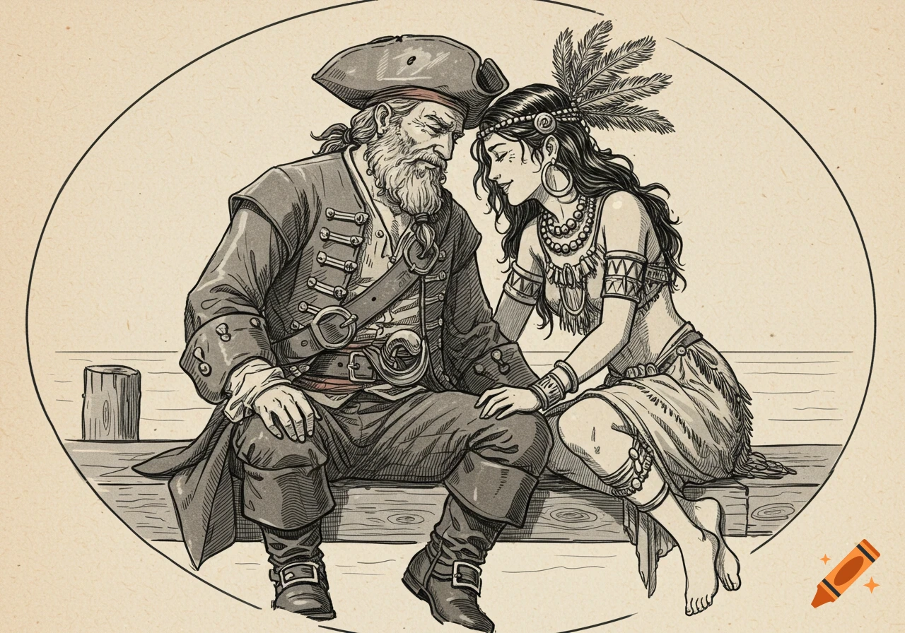 An 18th-century style engraving illustration of a pirate and a native woman sitting close together on a dock.