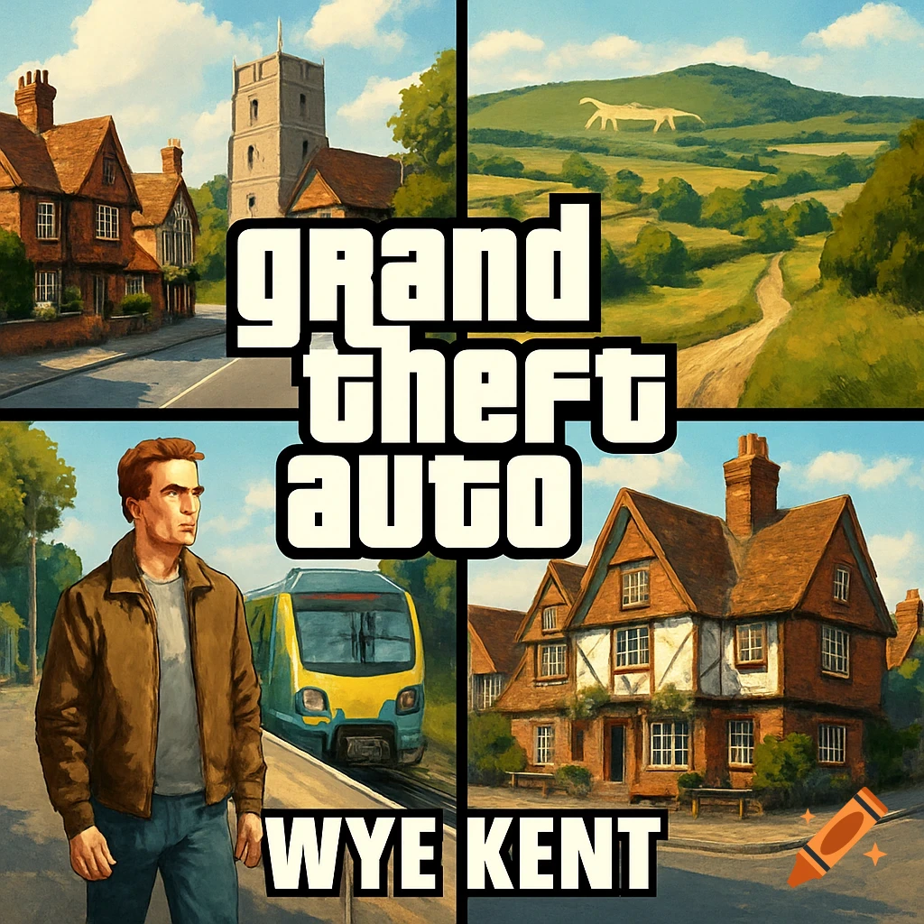 Collage of English village and countryside scenes with a man and a train, overlaid with the text "Grand Theft Auto Wye Kent".