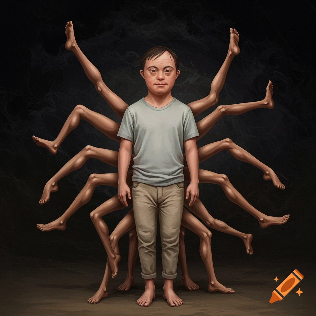 A person with features of Down syndrome stands with multiple legs radiating from their body in a surreal illustration.