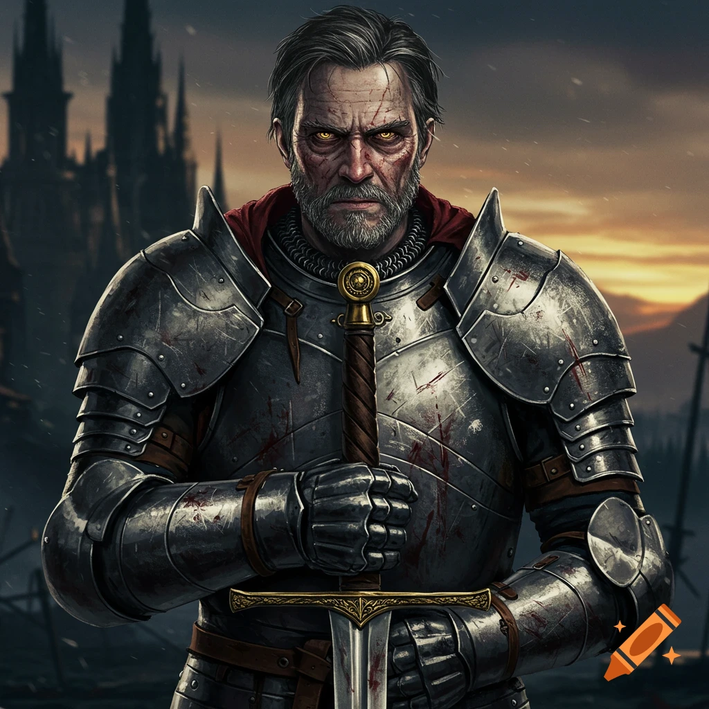 Portrait of a grim knight in armor with golden eyes holding a sword.