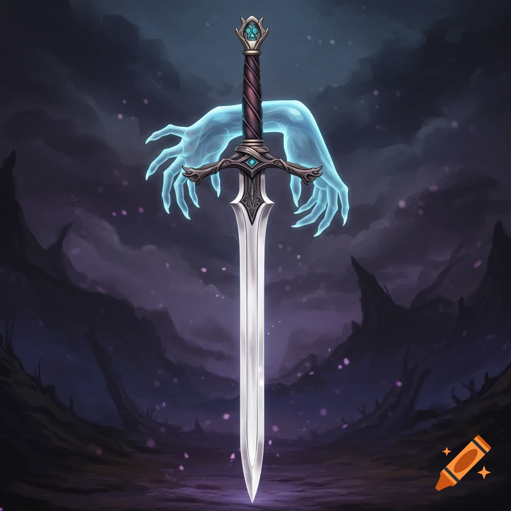 An ornate fantasy sword held by glowing ghostly hands in a dark, ethereal landscape.