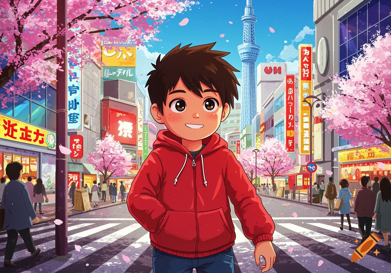Anime boy in red hoodie on Tokyo street during cherry blossom season