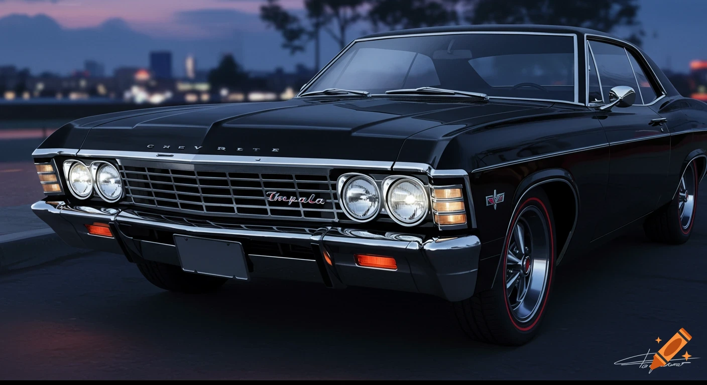 A black 1967 Chevy Impala parked at dusk