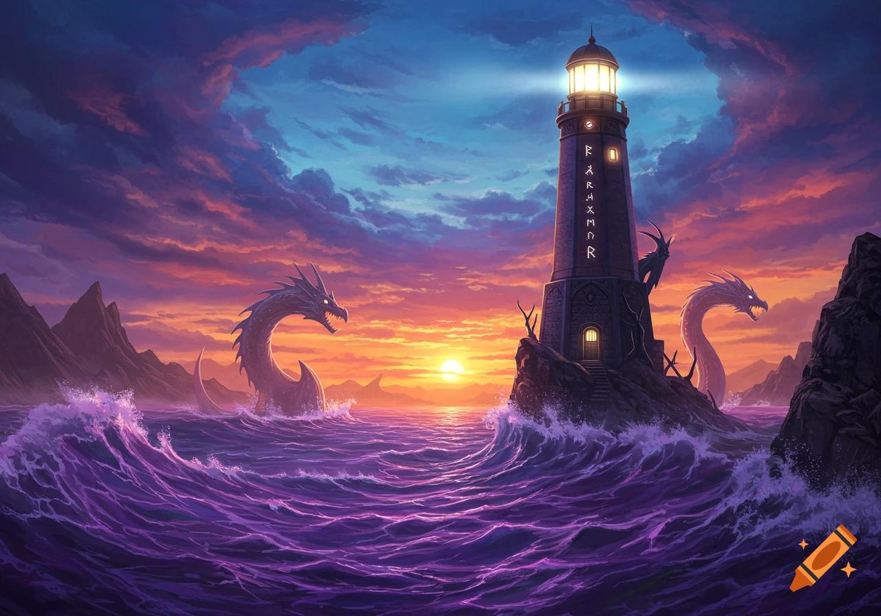 Fantasy lighthouse on a rocky island in a purple sea with dragons during sunset.