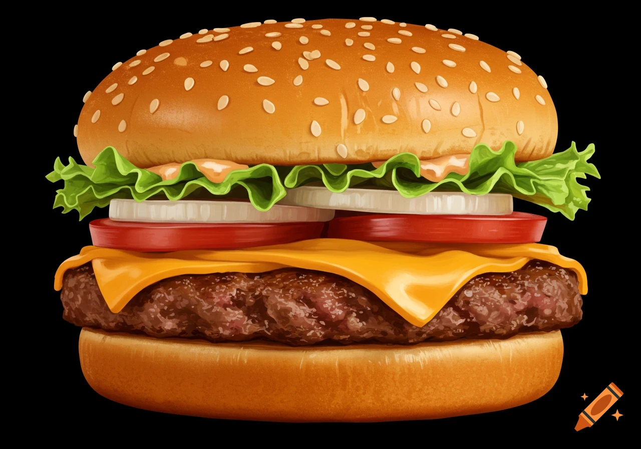 A detailed illustration of a cheeseburger with lettuce, tomato, and onion on a sesame seed bun.
