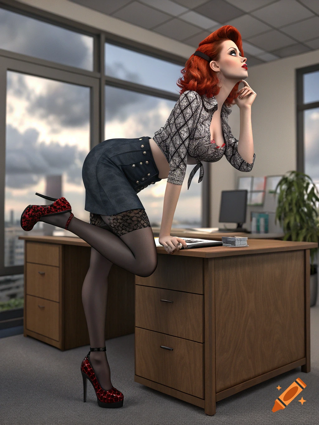 A pin-up woman with red hair, patterned stockings, and red heels leans over a desk in an office.