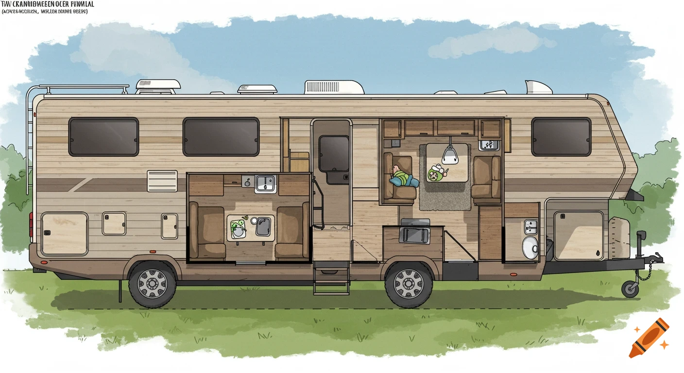 Illustration of a camper van cutaway showing the interior layout with furniture and small figures