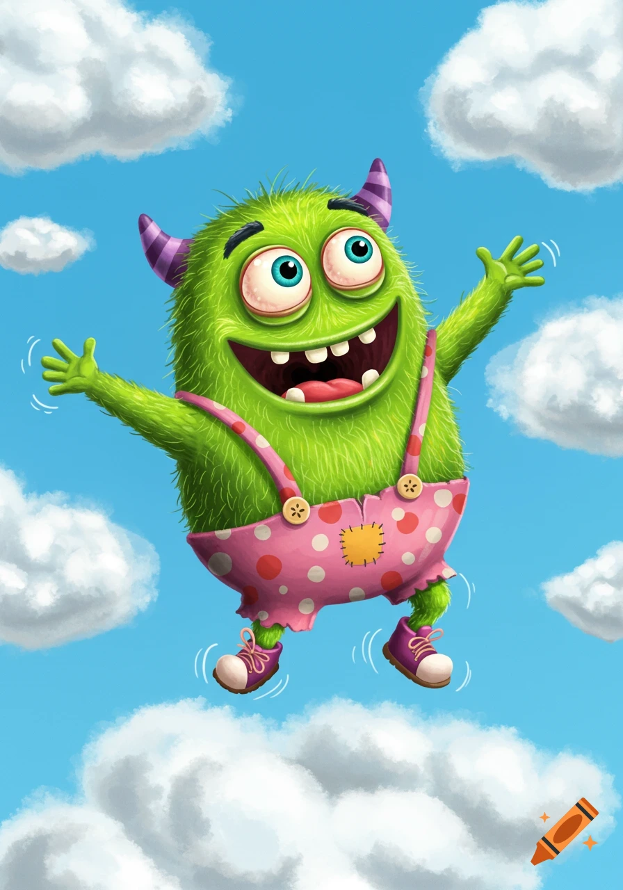 A fluffy green monster in pink overalls jumps happily among white clouds in a bright blue sky. Cartoon illustration style.