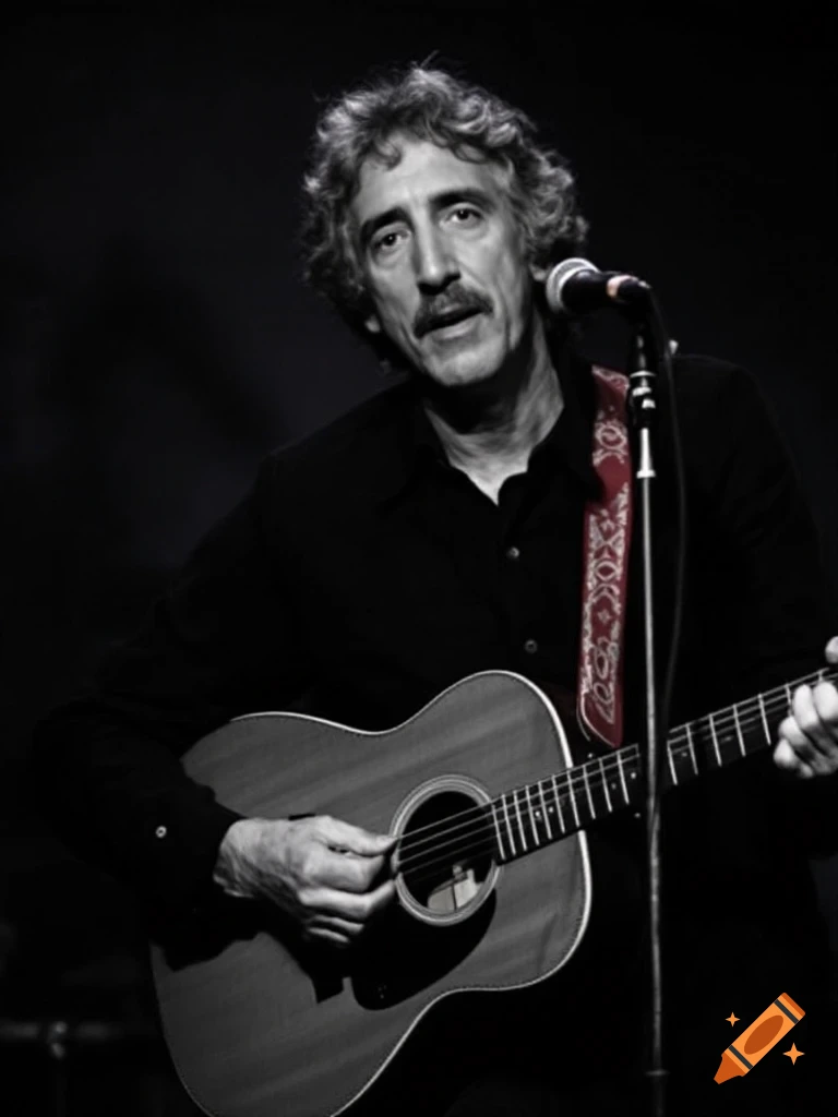 Black and white portrait of a musician playing acoustic guitar and singing into a microphone