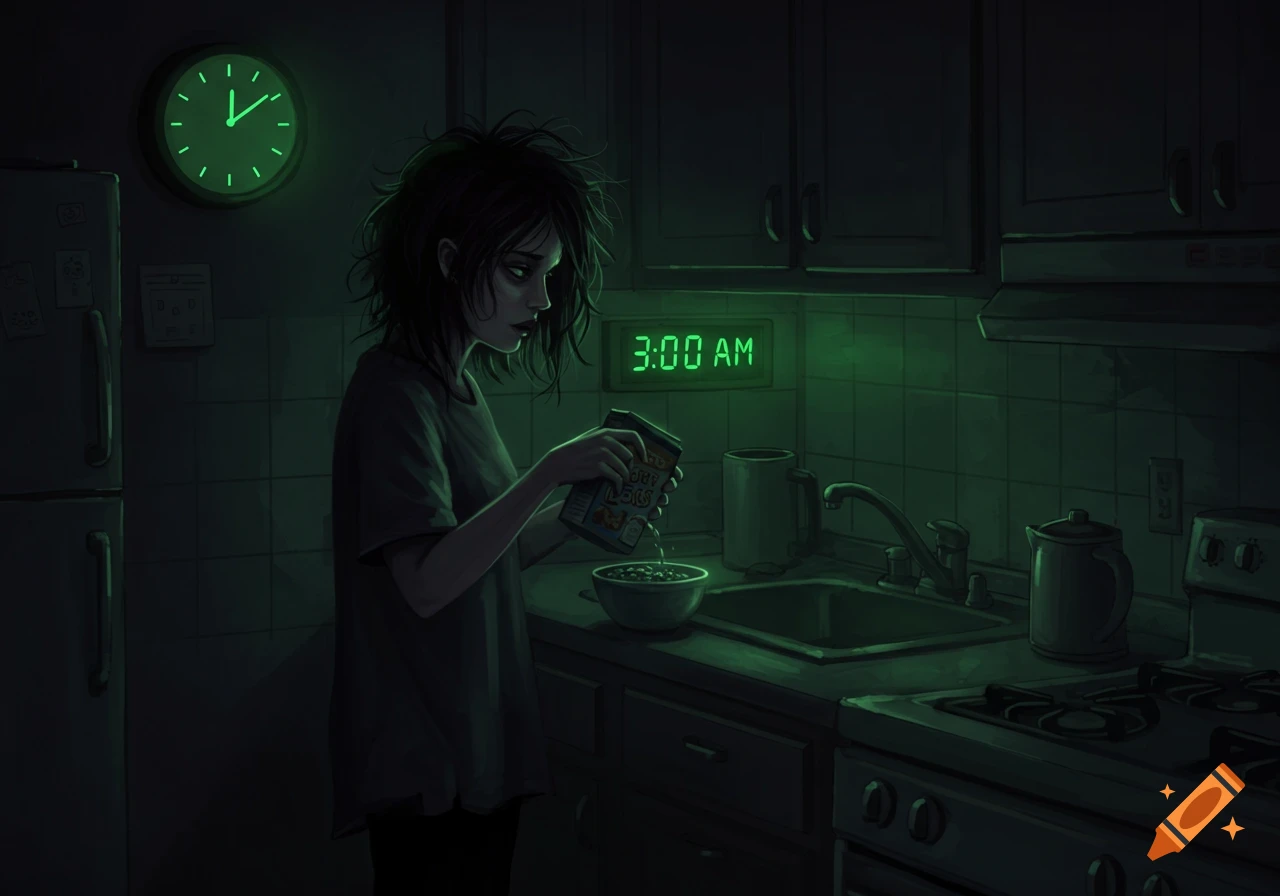 Illustration of a person pouring cereal in a dark kitchen at 3 AM, green light from clock and clock.