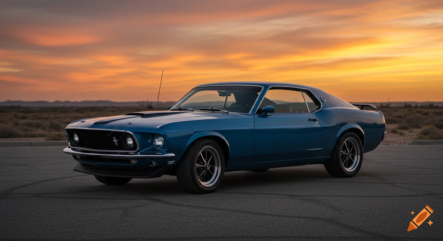 Blue Ford Mustang Fastback parked in a desert landscape at sunset.