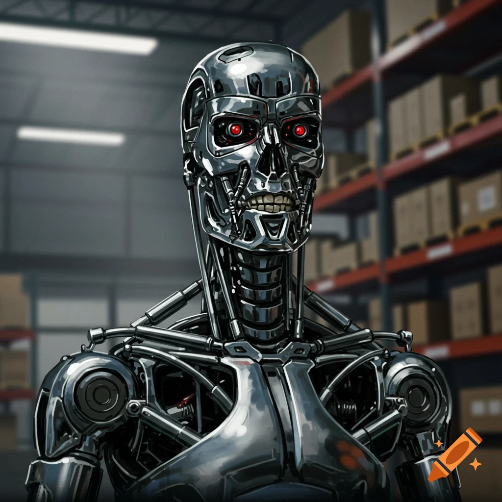 Close-up of a metallic robot endoskeleton with red eyes in a warehouse.