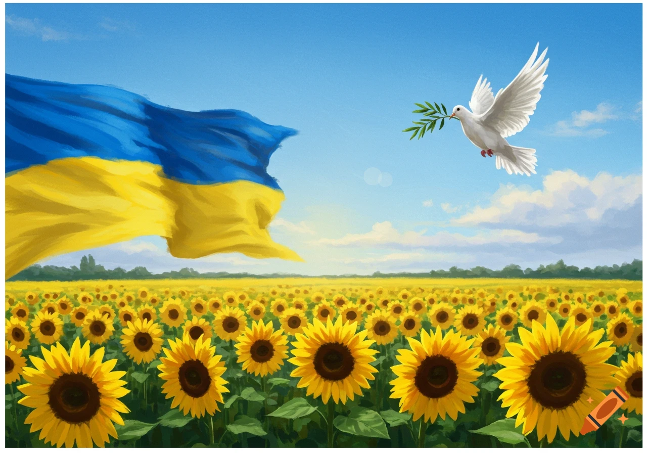 Ukrainian flag over a sunflower field with a dove carrying an olive branch in a painted style.