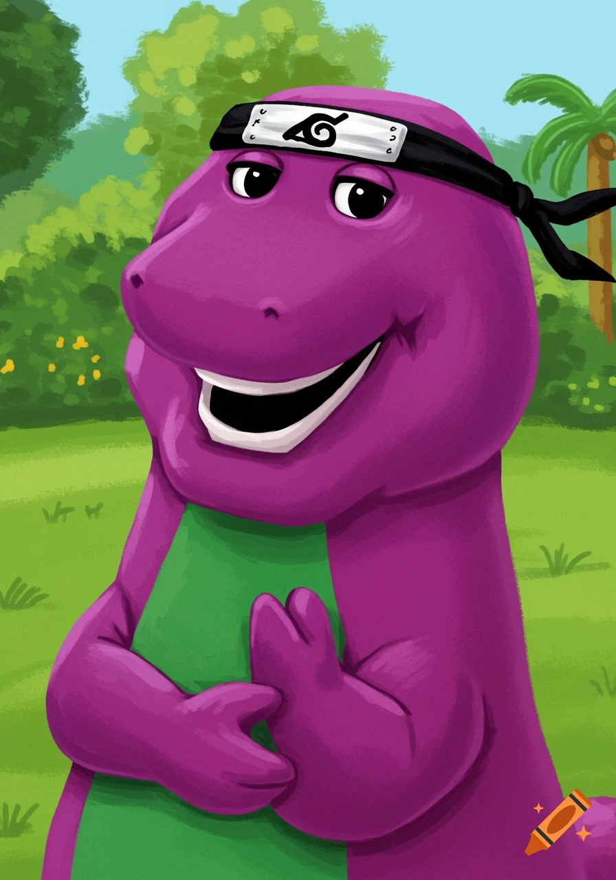 Cartoon Barney the dinosaur wearing a Naruto headband