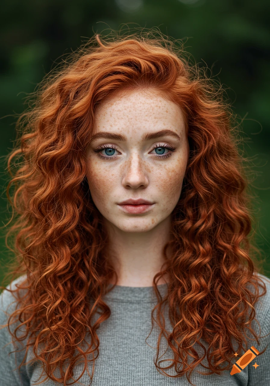 Close-up portrait of a young woman with curly red hair and freckles ...