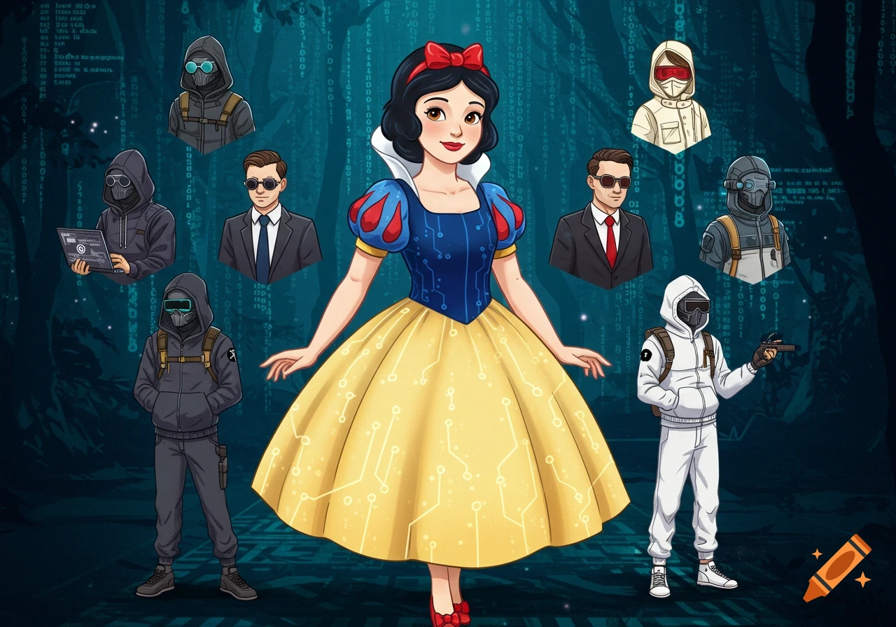 Illustration of Snow White with circuit designs on her dress surrounded by seven hacker characters in a digital forest.
