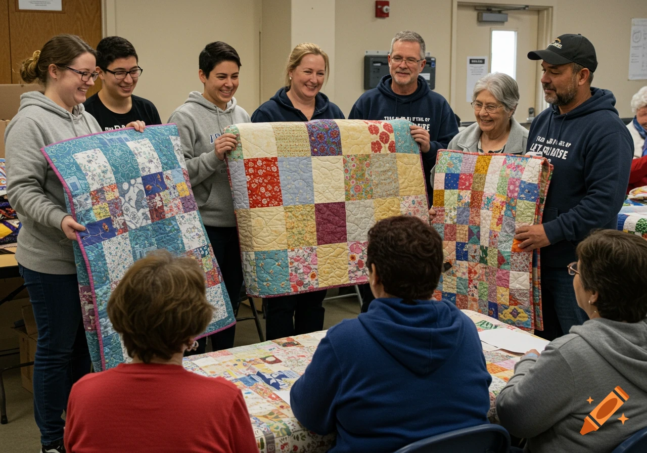 A group of people proudly display colorful handmade quilts at an event.