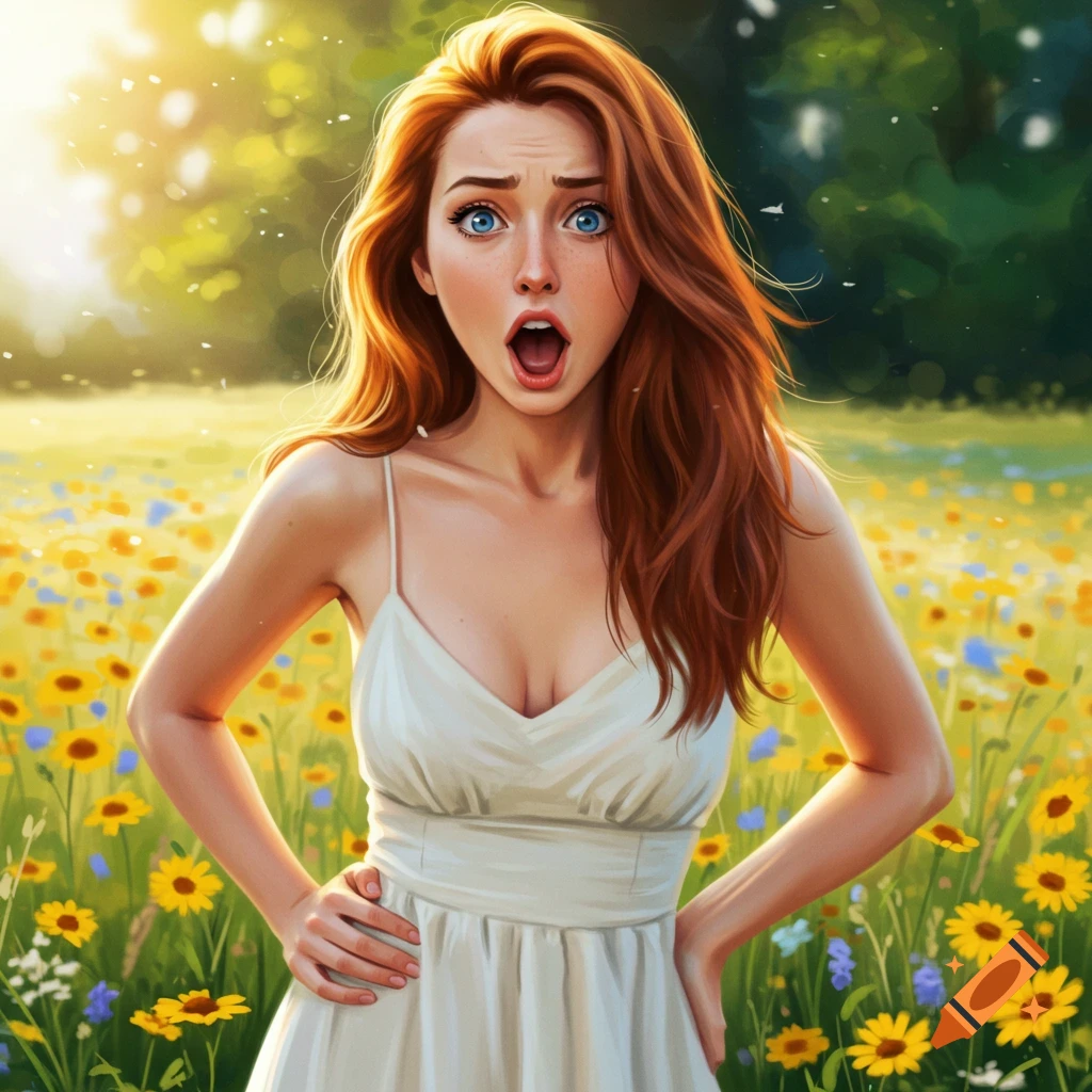 A surprised young woman with red hair and a white dress stands in a sunny field of yellow and blue flowers, digital art.