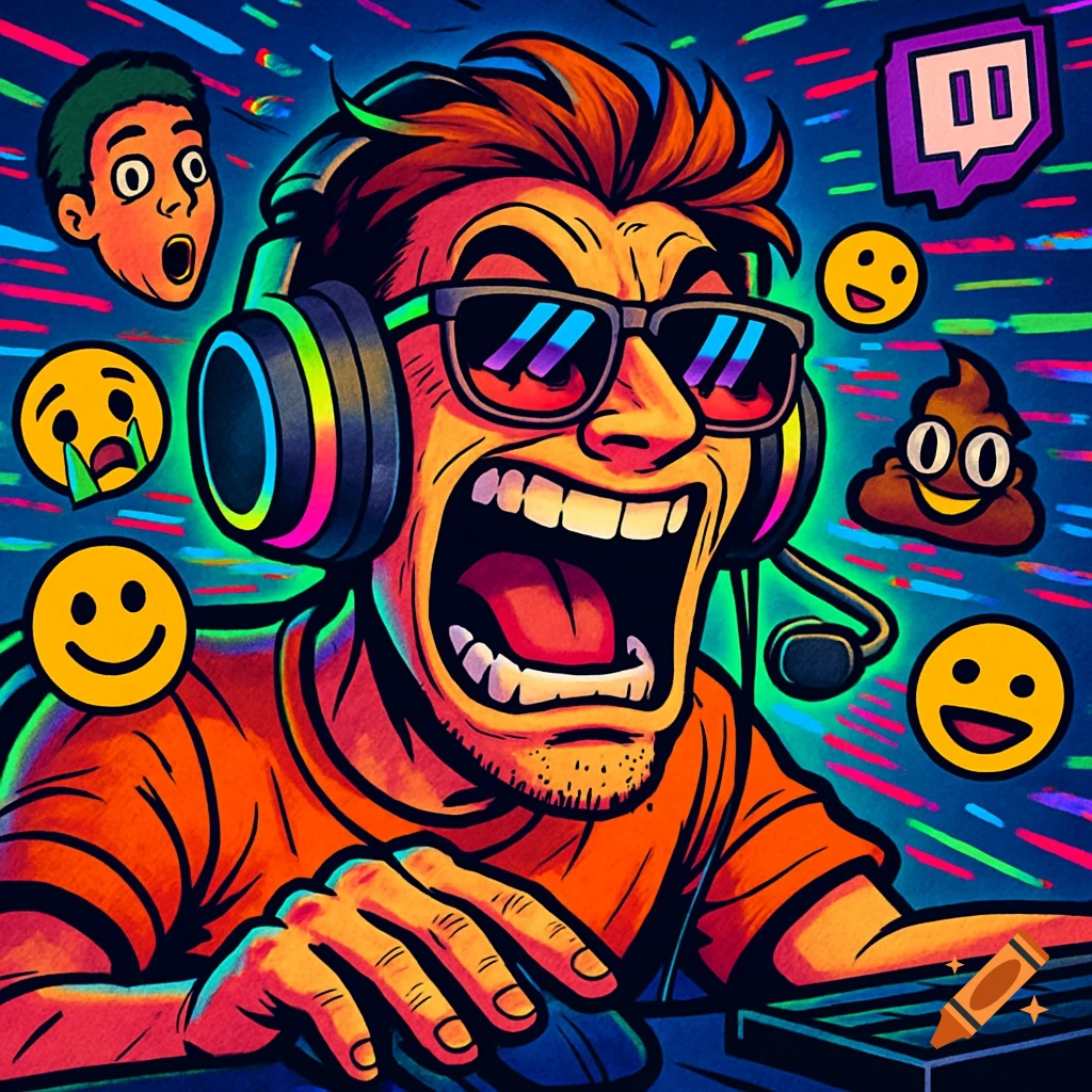 Cartoon illustration of an excited gamer wearing a headset and sunglasses, surrounded by colorful emojis and a chaotic background.