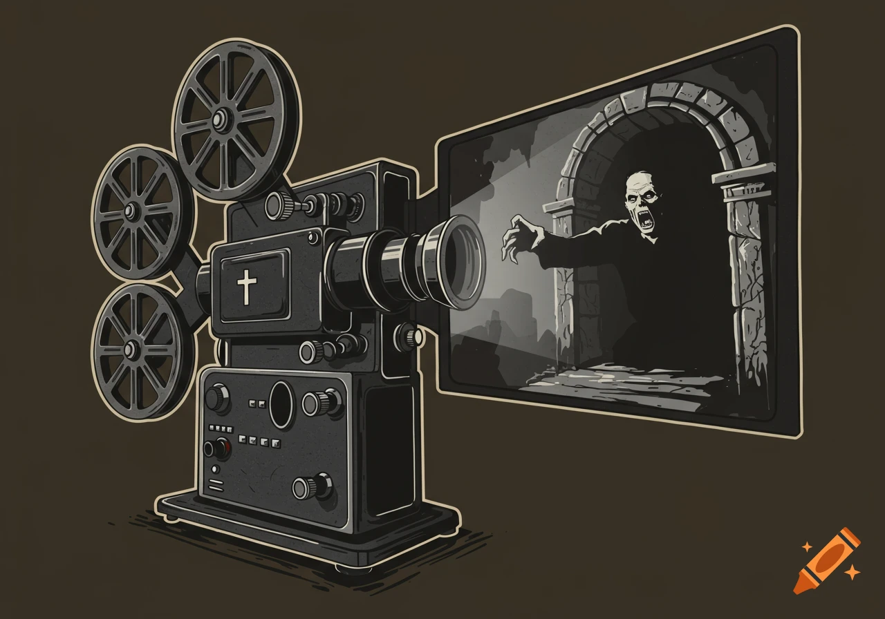 Stylized illustration of an old movie projector screening a horror movie with a monster reaching out
