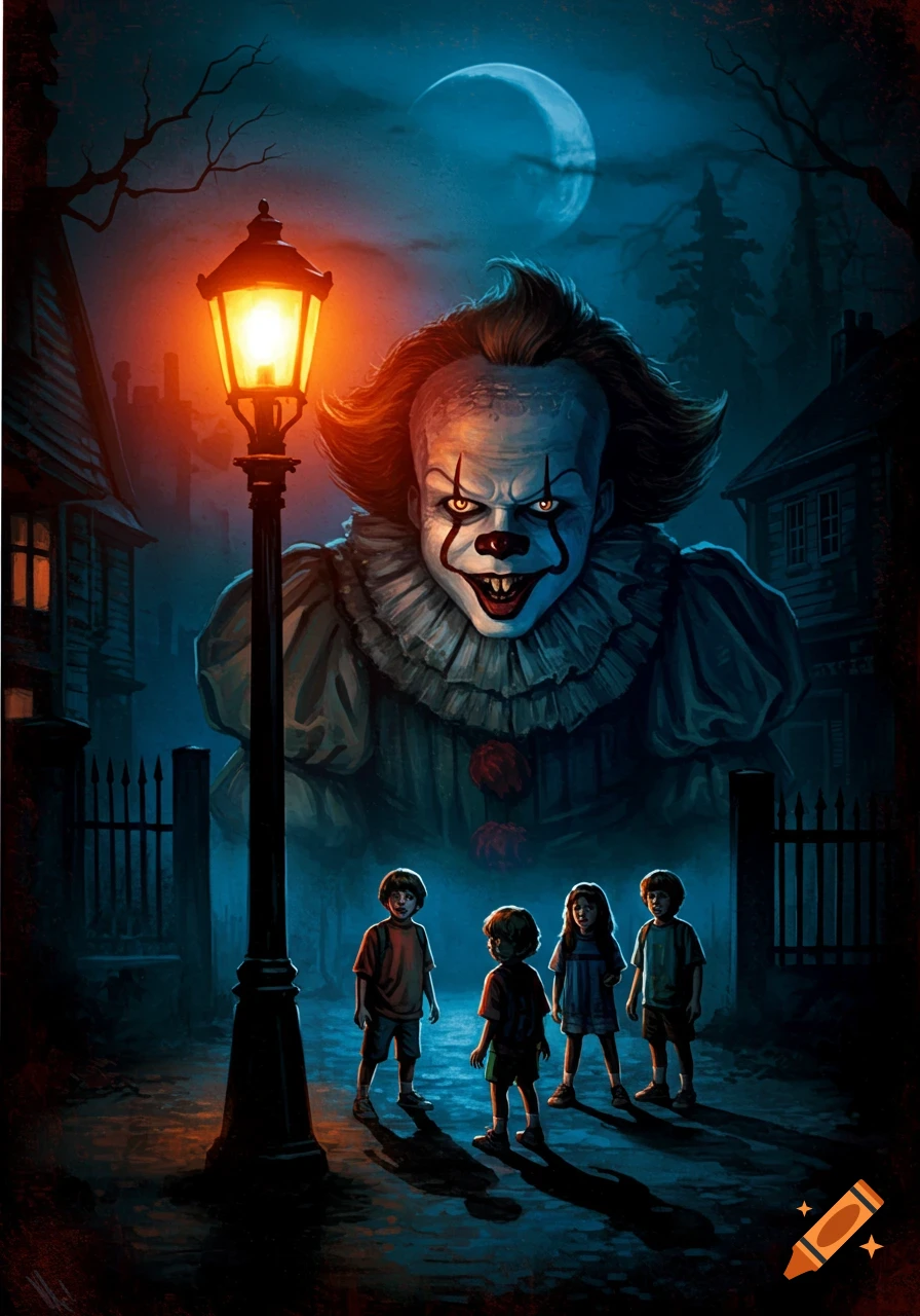 Giant Pennywise clown looms over four children on a dark street lit by a street lamp and a full moon.