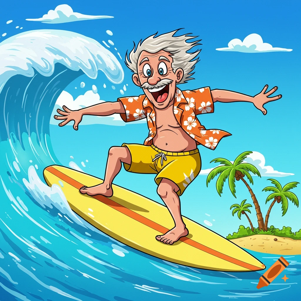 Funny cartoon illustration of an old man riding a surfboard on a wave with a beach in the background.