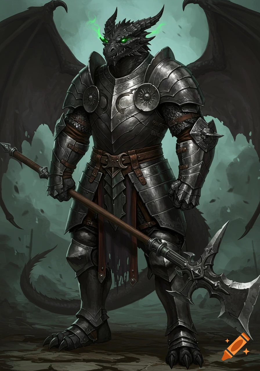 A black dragonborn in heavy steel plate armor holds a halberd. Has glowing green eyes.