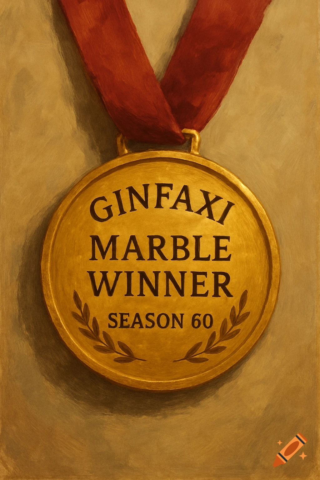 Close-up of a gold medal with a red ribbon, reading 'GINFAXI MARBLE WINNER SEASON 60' with a laurel wreath.