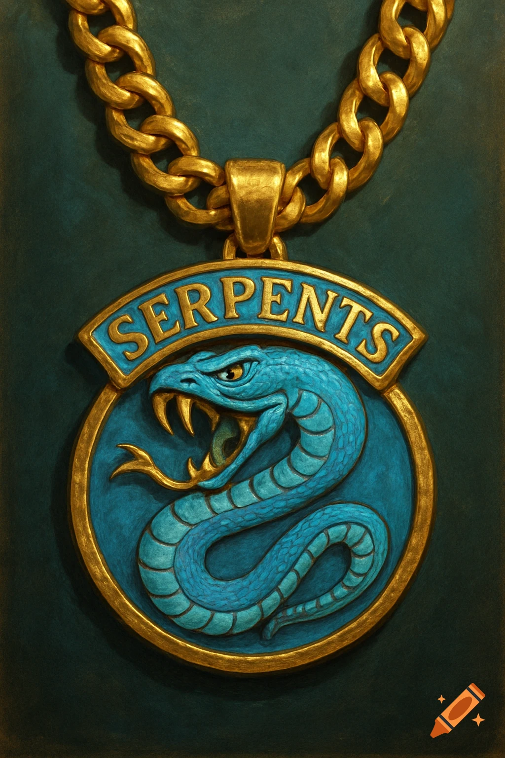 Detailed illustration of a golden chain holding a round pendant with a blue snake design and the word 'SERPENTS'.