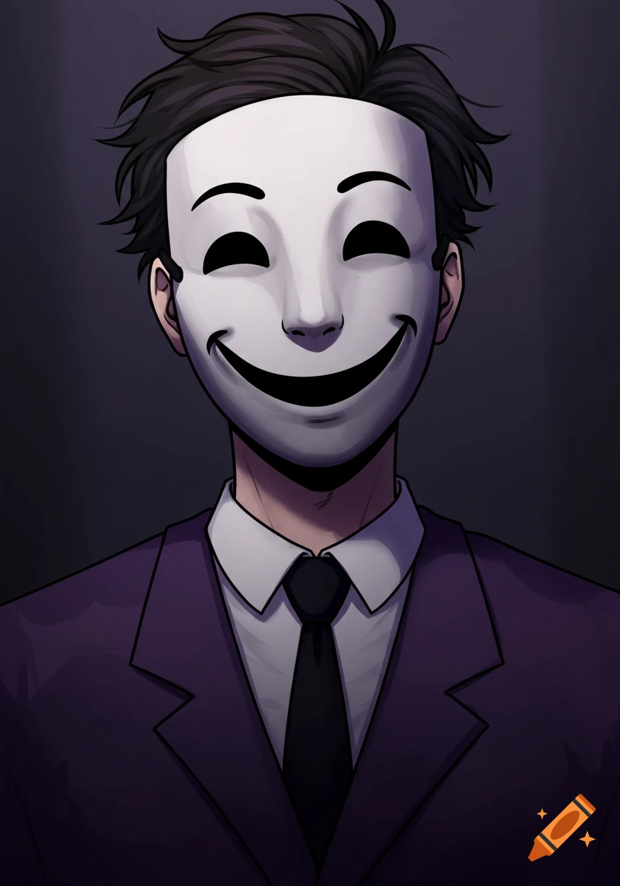 Anime drawing of a person in a purple suit wearing a white smiley mask with black eyes and mouth.
