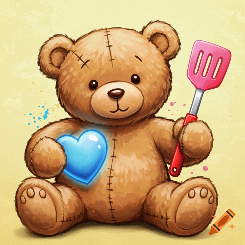 Illustration of a teddy bear with a glowing blue heart and a pink spatula.